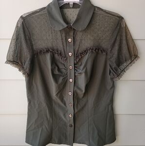 Feminine Sheer Yoke Blouse/Short Sleeve Ruffle with Heart Buttons Olive Green M